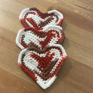 Handmade crochet heart coasters